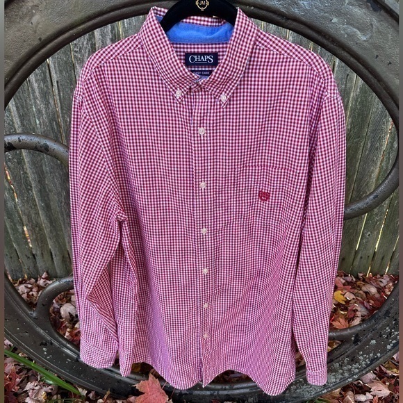 Chaps Men’s Button Down Long Sleeve Shirt (Red‎ & White Gingham) - Picture 1 of 9